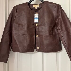 Michael Kors Cropped Faux Leather Saddle Brown Jacket Size P/XL NWT